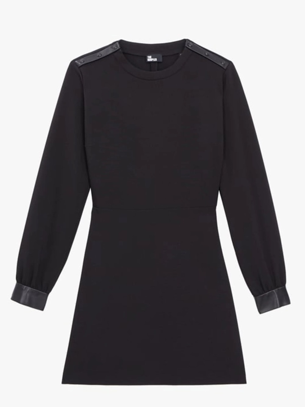 The Kooples Black Crepe Lambskin Leather-Cuff Long Sleeve Mini Dress NWT $415